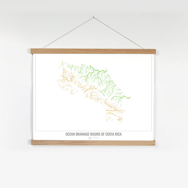 Costa Rica - Mapa de la cuenca hidrográfica del océano, blanco v1 - Impresión artística con colgador