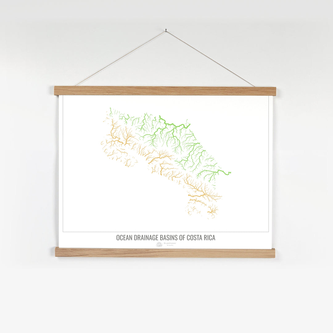 Costa Rica - Mapa de la cuenca hidrográfica del océano, blanco v1 - Impresión artística con colgador