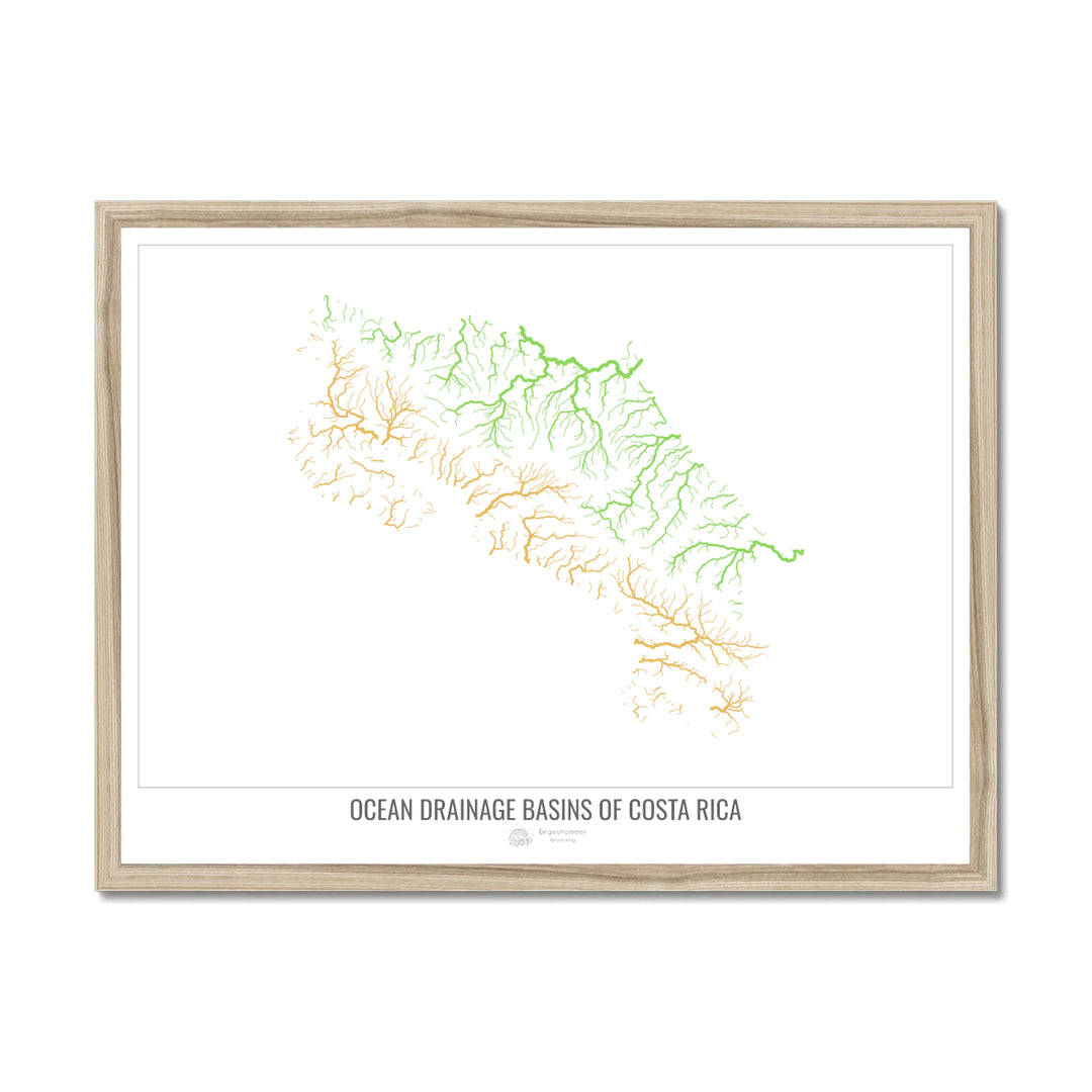 Costa Rica - Carte du bassin versant océanique, blanc v1 - Impression encadrée