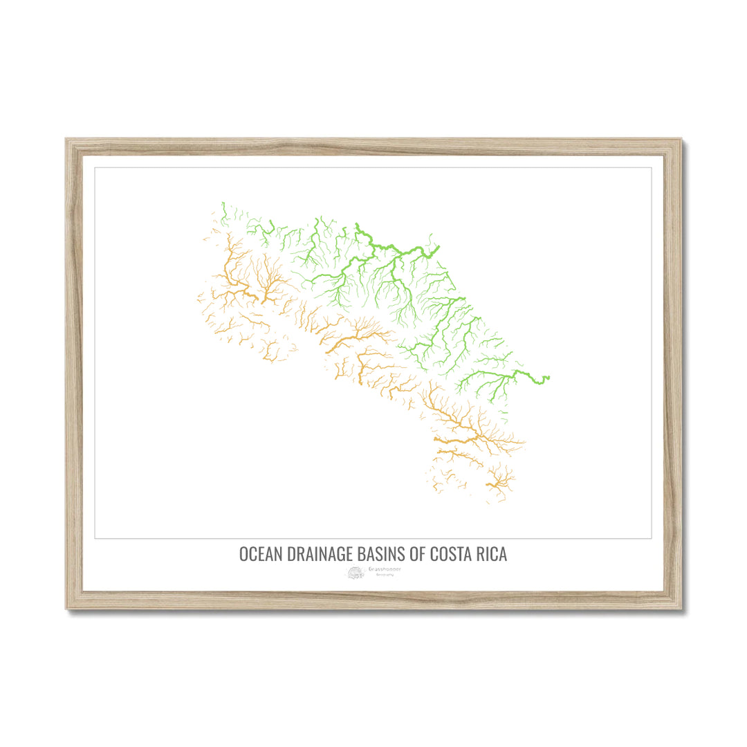 Costa Rica - Mapa de la cuenca hidrográfica del océano, blanco v1 - Lámina enmarcada