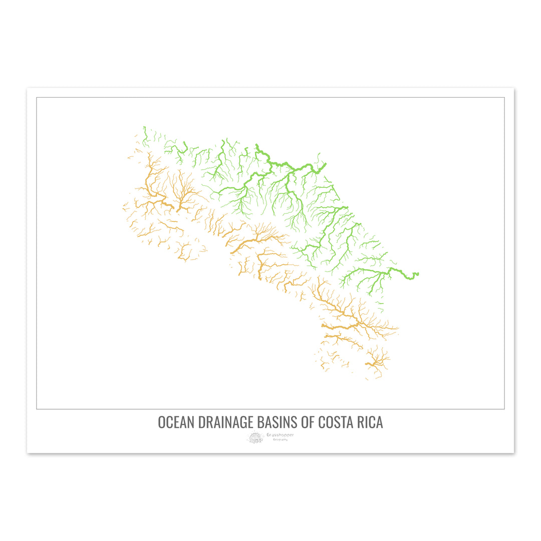 Costa Rica - Mapa de la cuenca hidrográfica del océano, blanco v1 - Impresión de Bellas Artes