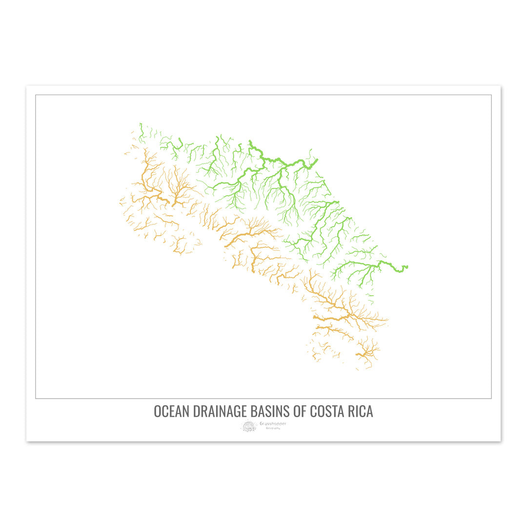 Costa Rica - Carte des bassins hydrographiques océaniques, blanc v1 - Fine Art Print