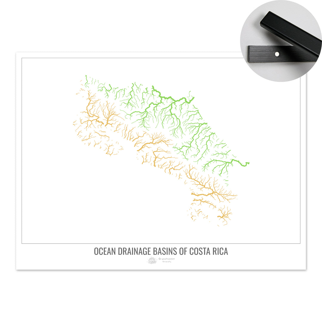 Costa Rica - Mapa de la cuenca hidrográfica del océano, blanco v1 - Impresión artística con colgador
