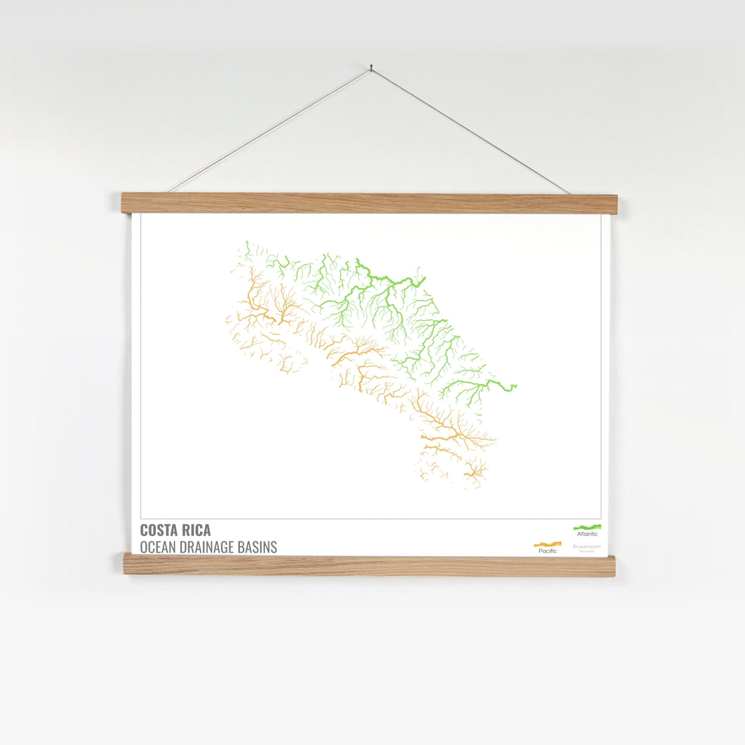 Costa Rica - Mapa de la cuenca hidrográfica del océano, blanco con leyenda v1 - Impresión artística con colgador