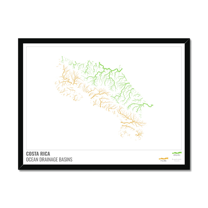 Costa Rica - Mapa de la cuenca hidrográfica del océano, blanco con leyenda v1 - Lámina enmarcada