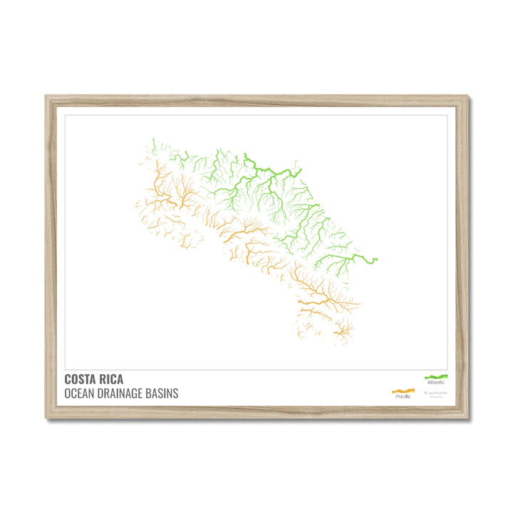 Costa Rica - Mapa de la cuenca hidrográfica del océano, blanco con leyenda v1 - Lámina enmarcada