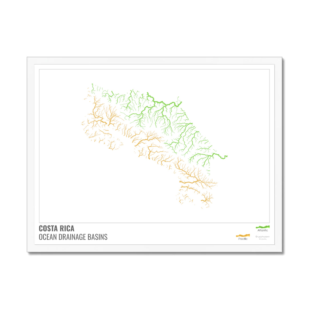 Costa Rica - Carte du bassin versant océanique, blanche avec légende v1 - Impression encadrée
