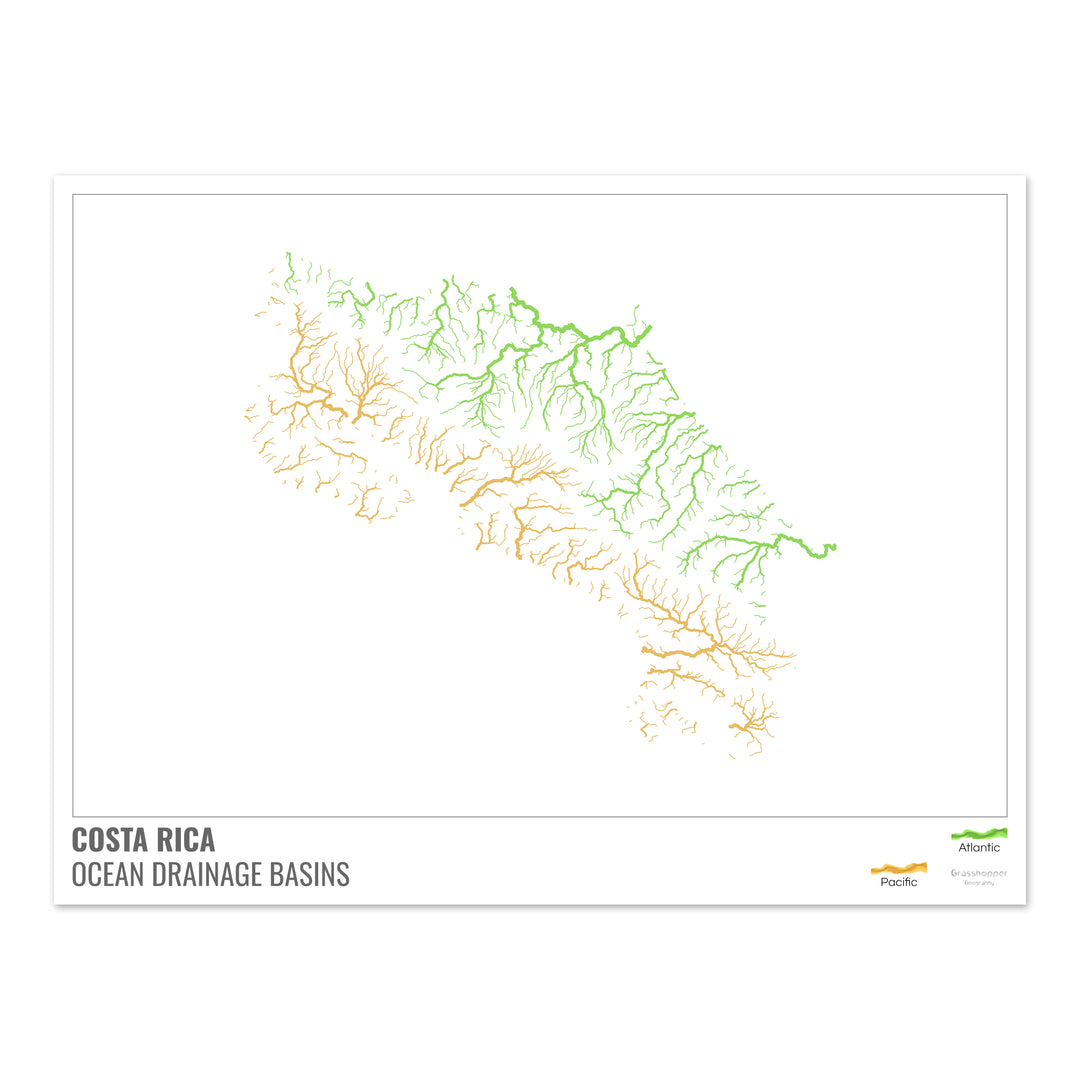 Costa Rica - Mapa de la cuenca hidrográfica del océano, blanco con leyenda v1 - Impresión de Bellas Artes