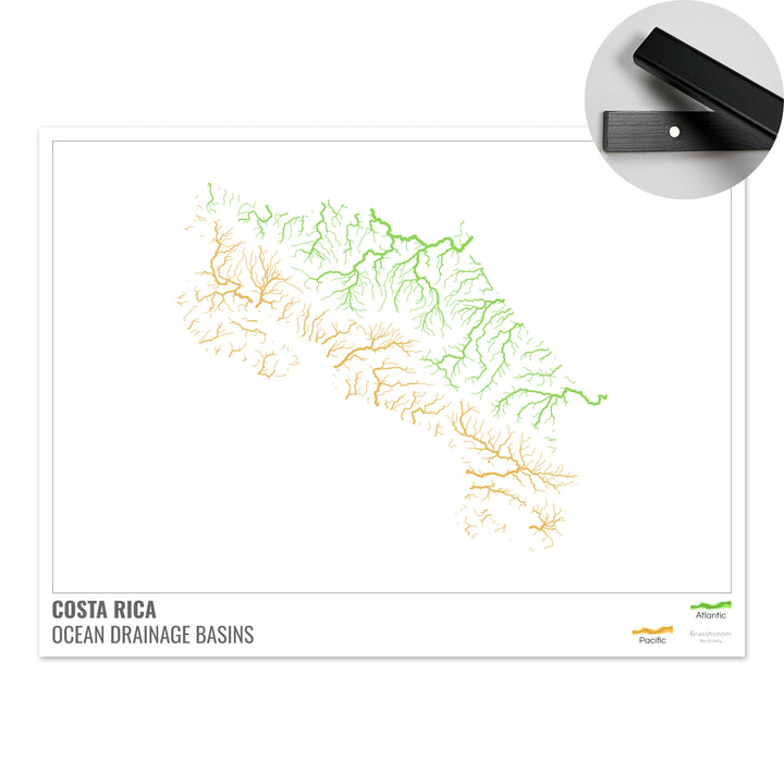 Costa Rica - Mapa de la cuenca hidrográfica del océano, blanco con leyenda v1 - Impresión artística con colgador