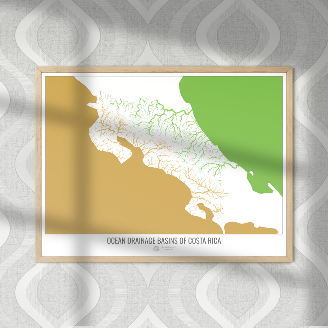 Costa Rica - Carte des bassins hydrographiques océaniques, blanc v2 - Tirage photo artistique