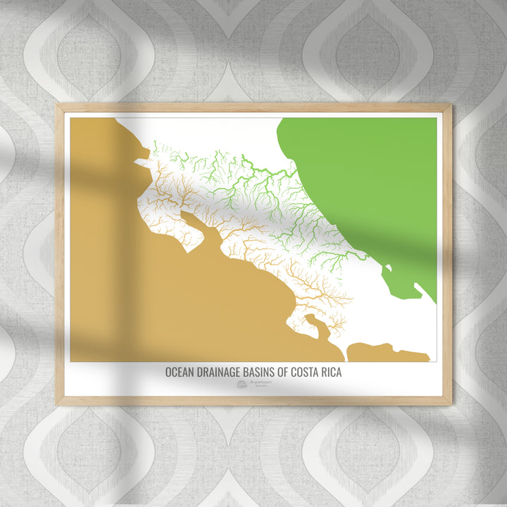 Costa Rica - Ocean drainage basin map, white v2 - Photo Art Print