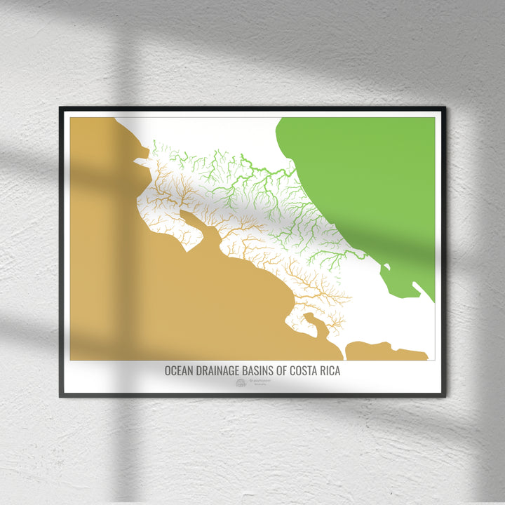 Costa Rica - Mapa de la cuenca hidrográfica del océano, blanco v2 - Impresión de Bellas Artes