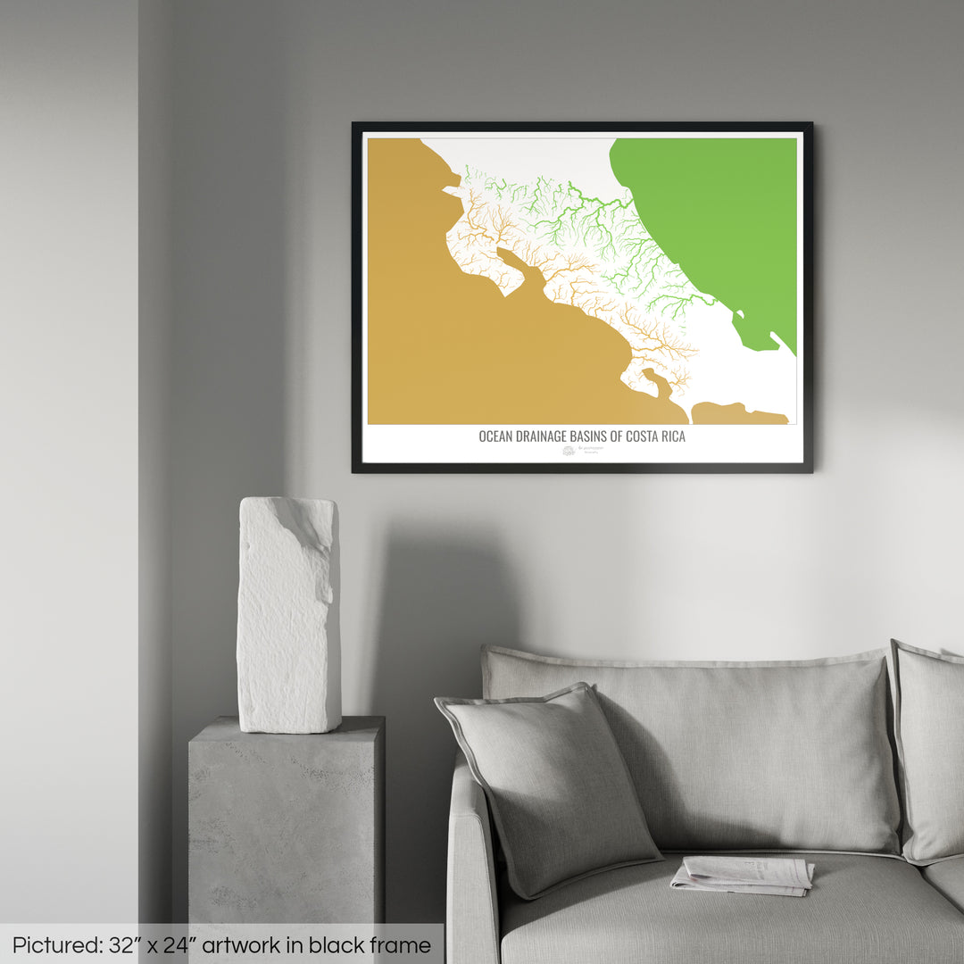 Costa Rica - Carte du bassin versant océanique, blanc v2 - Impression encadrée