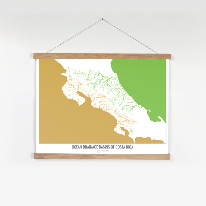 Costa Rica - Carte des bassins hydrographiques océaniques, blanc v2 - Tirage d'art avec cintre