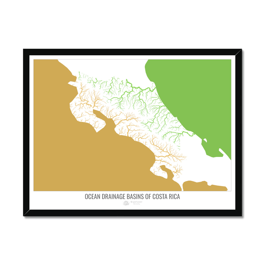 Costa Rica - Mapa de la cuenca hidrográfica del océano, blanco v2 - Lámina enmarcada