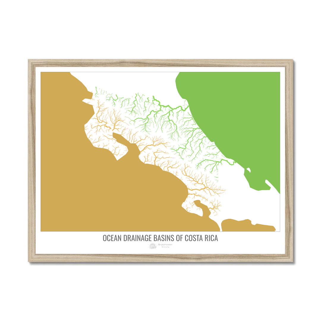 Costa Rica - Mapa de la cuenca hidrográfica del océano, blanco v2 - Lámina enmarcada