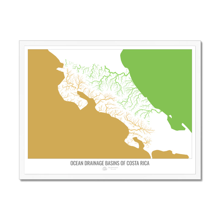 Costa Rica - Mapa de la cuenca hidrográfica del océano, blanco v2 - Lámina enmarcada