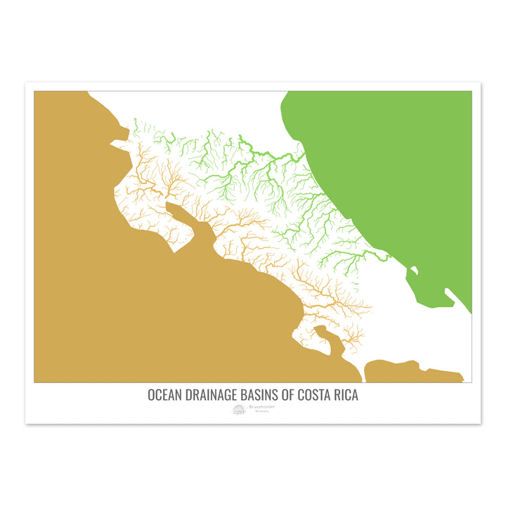 Costa Rica - Mapa de la cuenca hidrográfica del océano, blanco v2 - Impresión de Bellas Artes