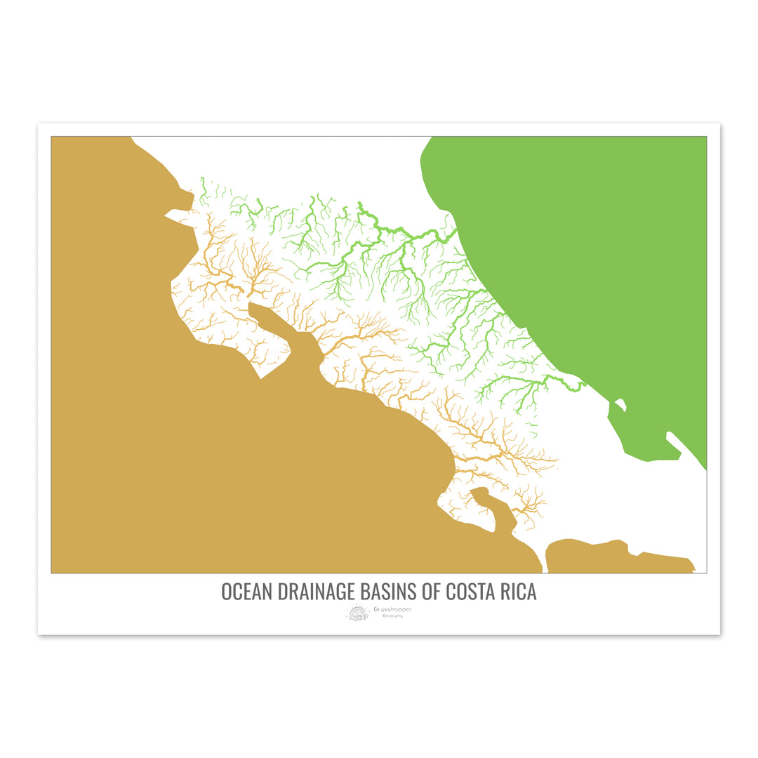 Costa Rica - Mapa de la cuenca hidrográfica del océano, blanco v2 - Impresión fotográfica
