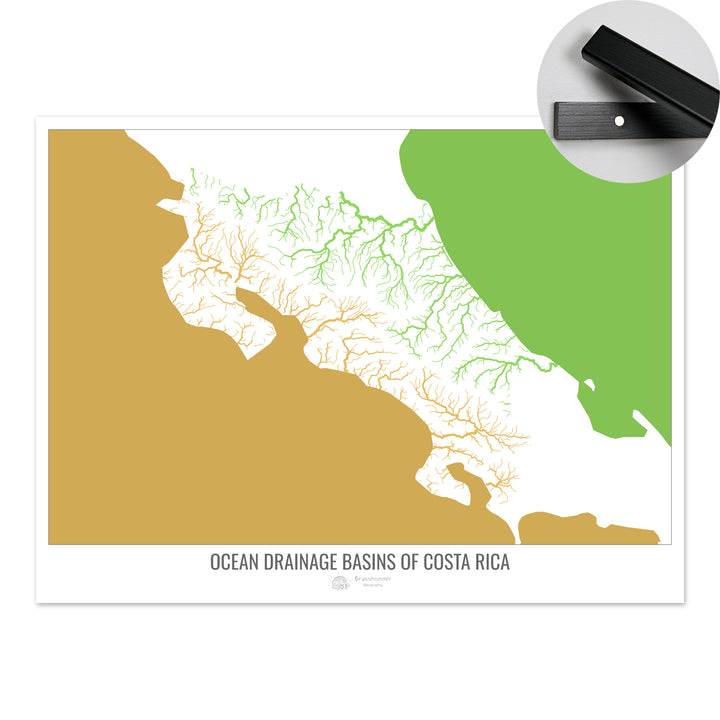 Costa Rica - Mapa de la cuenca hidrográfica del océano, blanco v2 - Impresión artística con colgador