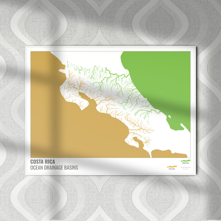 Costa Rica - Carte des bassins versants océaniques, blanche avec légende v2 - Tirage photo artistique