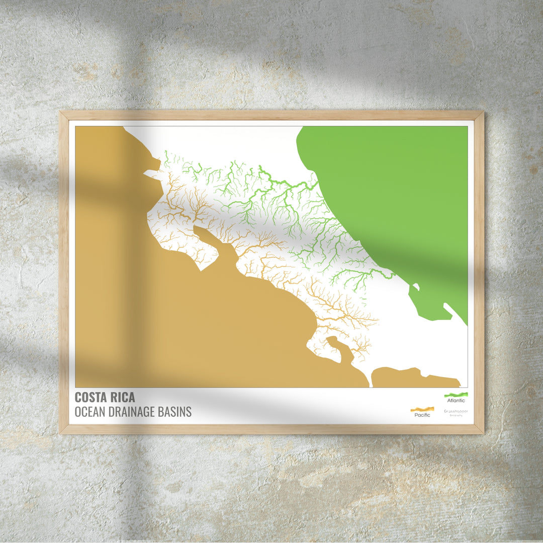 Costa Rica - Mapa de la cuenca hidrográfica del océano, blanco con leyenda v2 - Impresión de Bellas Artes