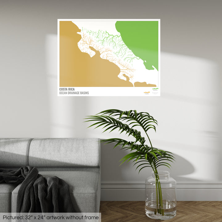 Costa Rica - Carte des bassins versants océaniques, blanche avec légende v2 - Tirage photo artistique