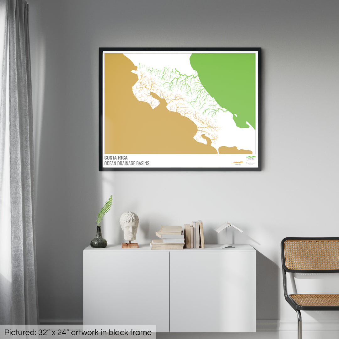 Costa Rica - Carte des bassins hydrographiques océaniques, blanche avec légende v2 - Impression encadrée