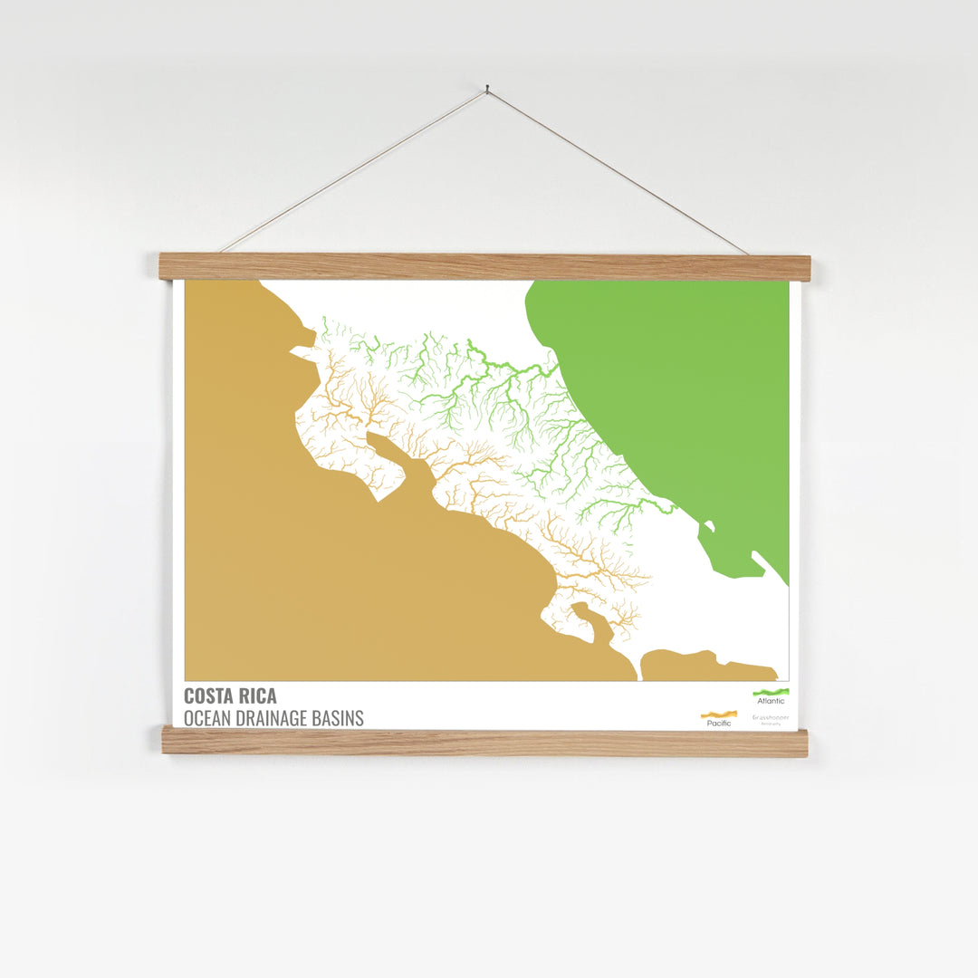 Costa Rica - Mapa de la cuenca hidrográfica del océano, blanco con leyenda v2 - Impresión artística con colgador