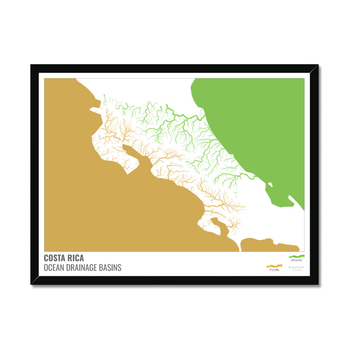 Costa Rica - Ocean drainage basin map, white with legend v2 - Framed Print