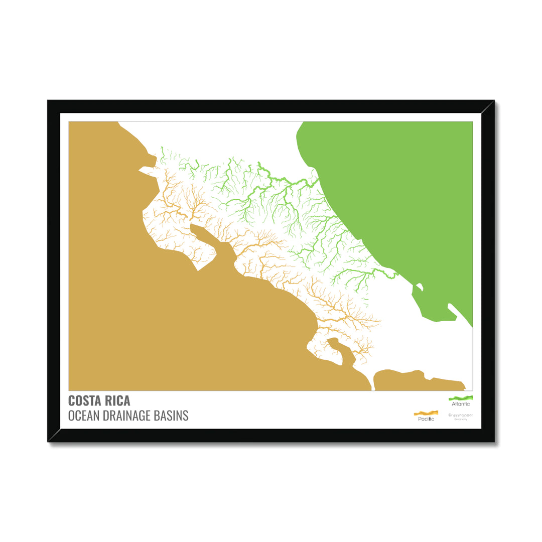 Costa Rica - Mapa de la cuenca hidrográfica del océano, blanco con leyenda v2 - Lámina enmarcada