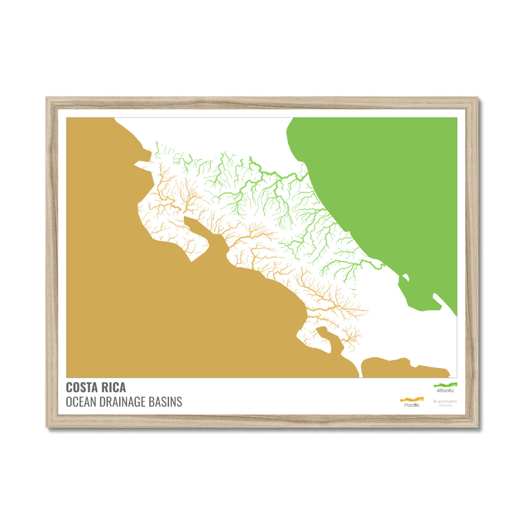 Costa Rica - Mapa de la cuenca hidrográfica del océano, blanco con leyenda v2 - Lámina enmarcada