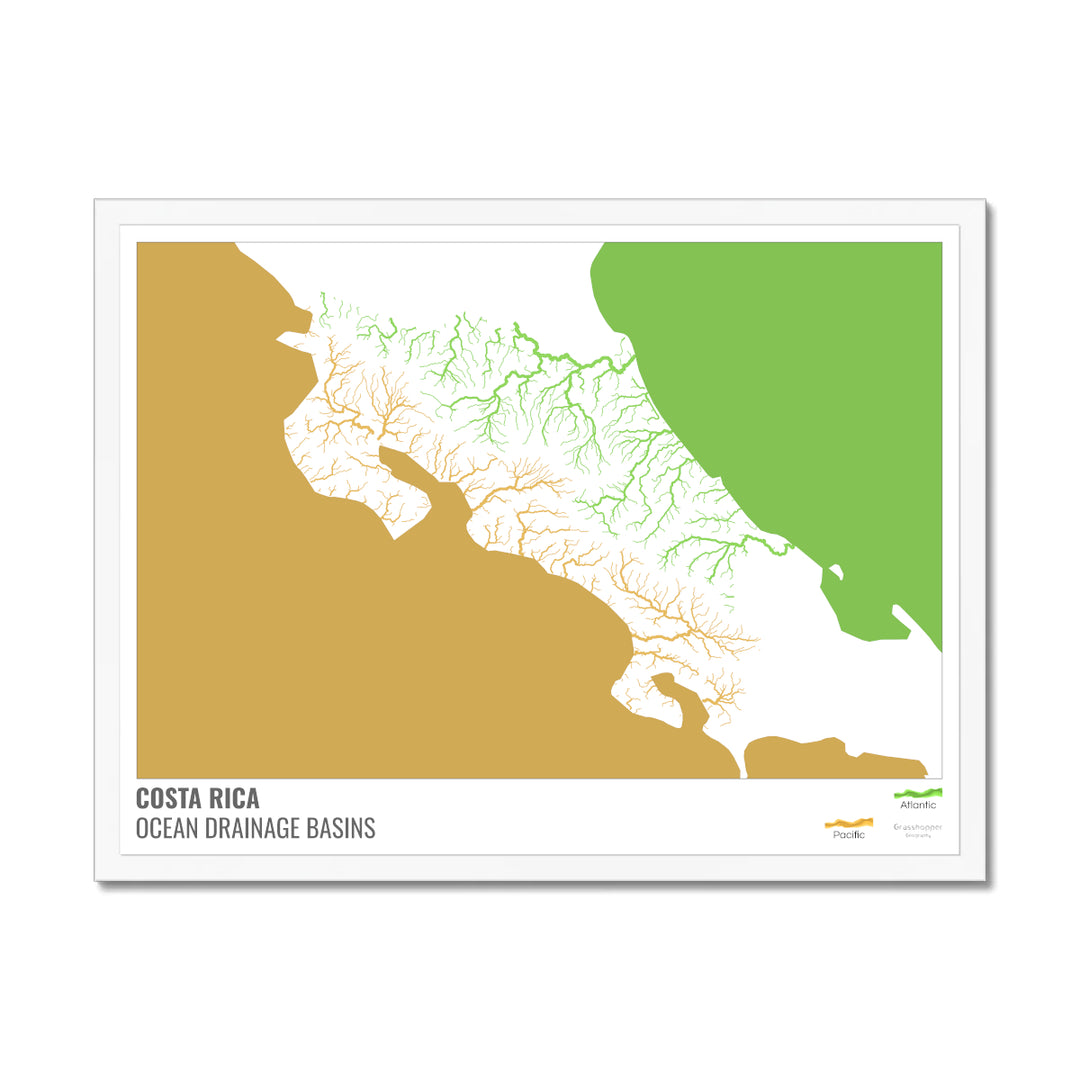 Costa Rica - Carte des bassins hydrographiques océaniques, blanche avec légende v2 - Impression encadrée