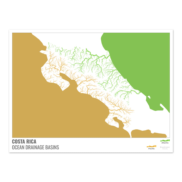 Costa Rica - Mapa de la cuenca hidrográfica del océano, blanco con leyenda v2 - Impresión de Bellas Artes