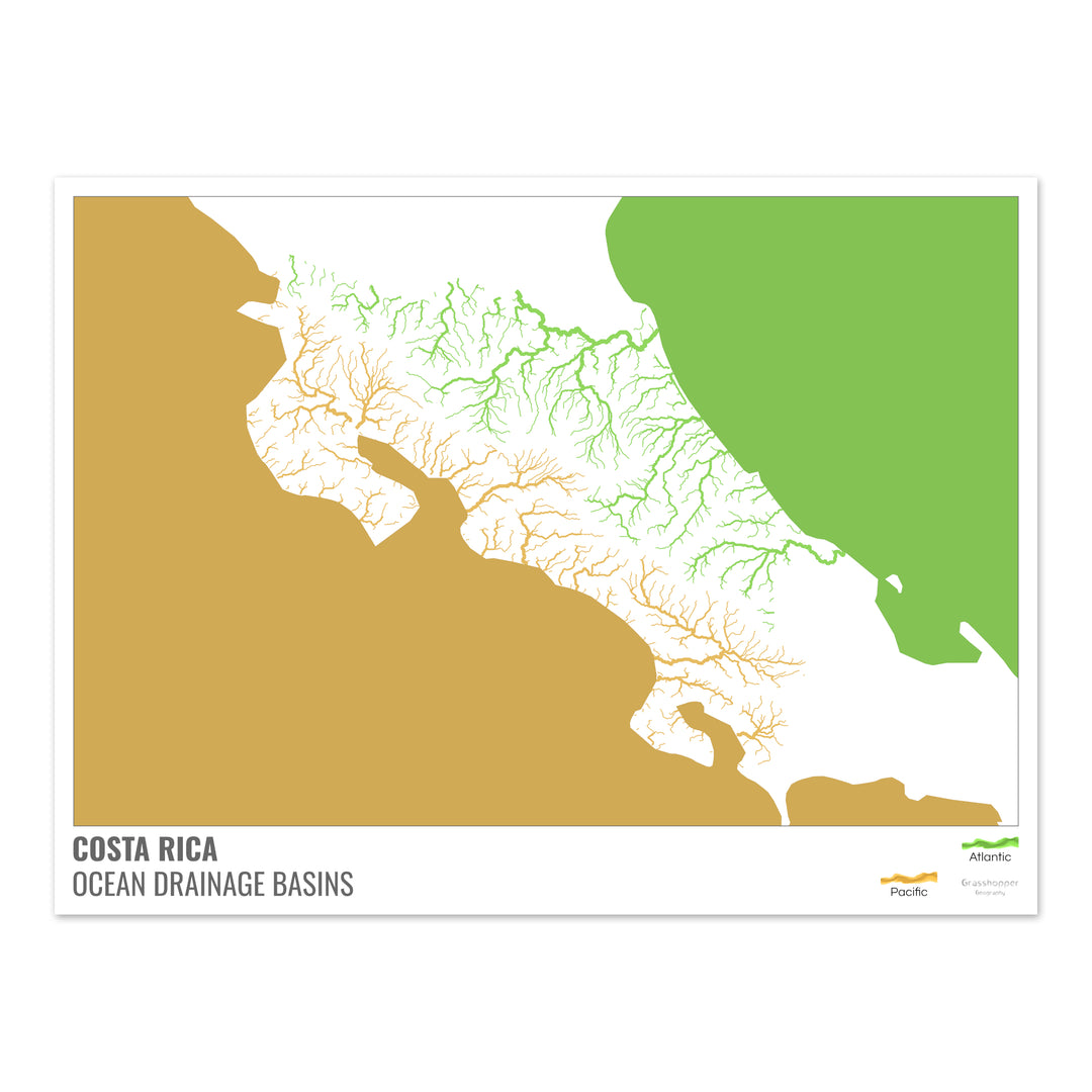 Costa Rica - Carte des bassins versants océaniques, blanche avec légende v2 - Tirage photo artistique