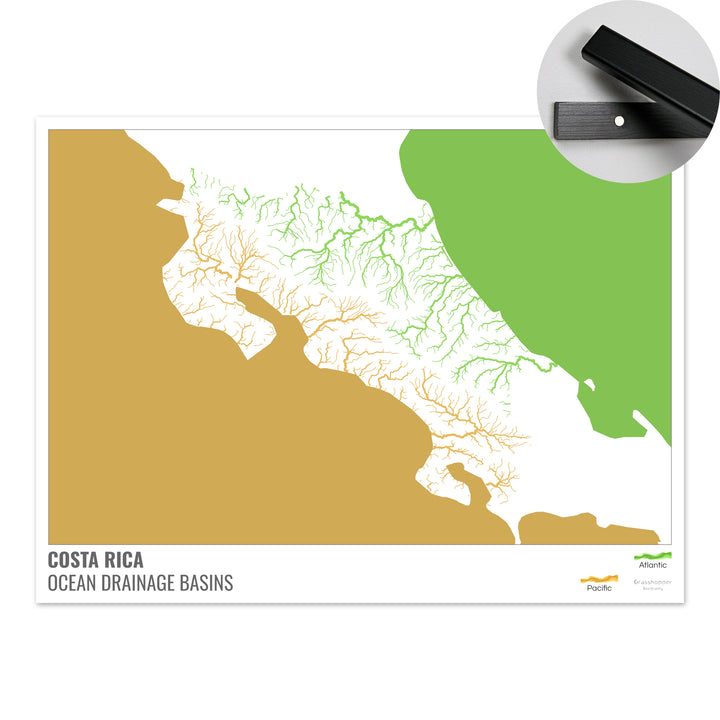 Costa Rica - Carte des bassins hydrographiques océaniques, blanche avec légende v2 - Tirage d'art avec cintre