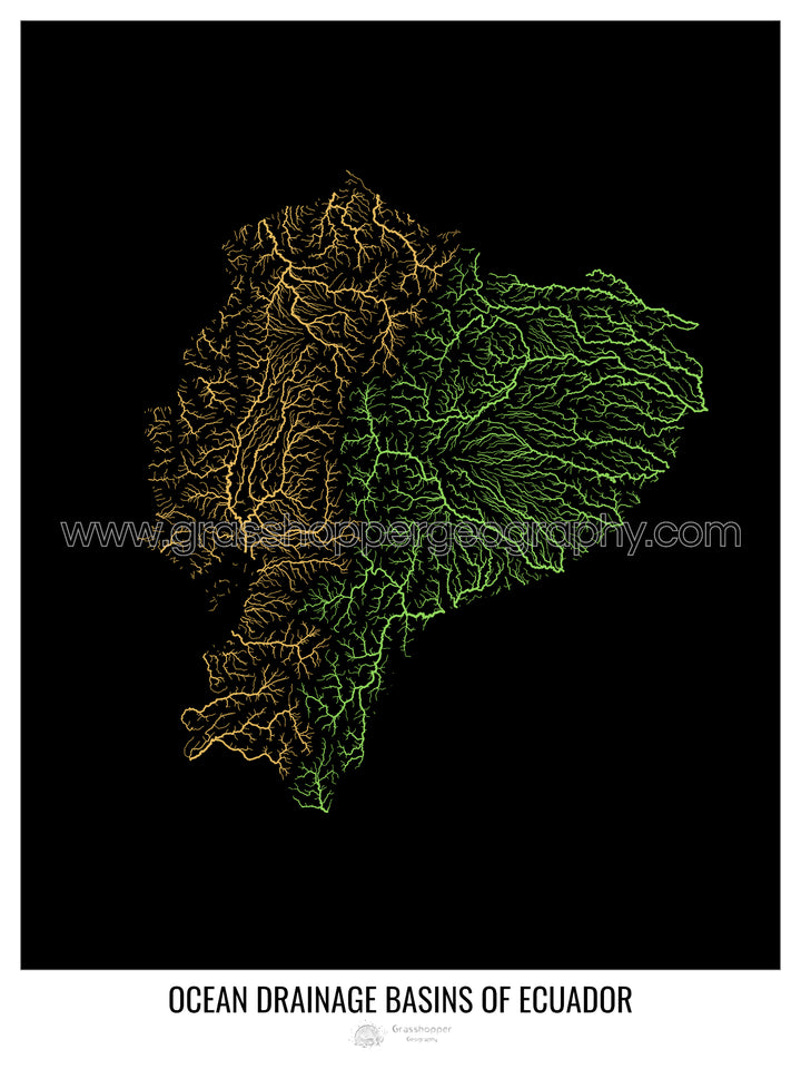 Ecuador - Mapa de la cuenca hidrográfica del océano, negro v1 - Impresión de Bellas Artes