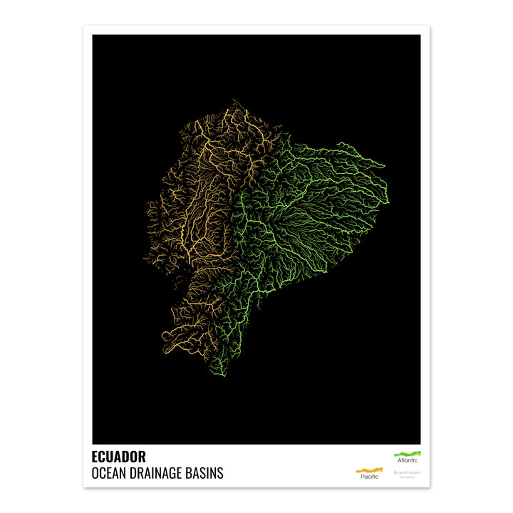 Ecuador - Ocean drainage basin map, black with legend v1 - Fine Art Print