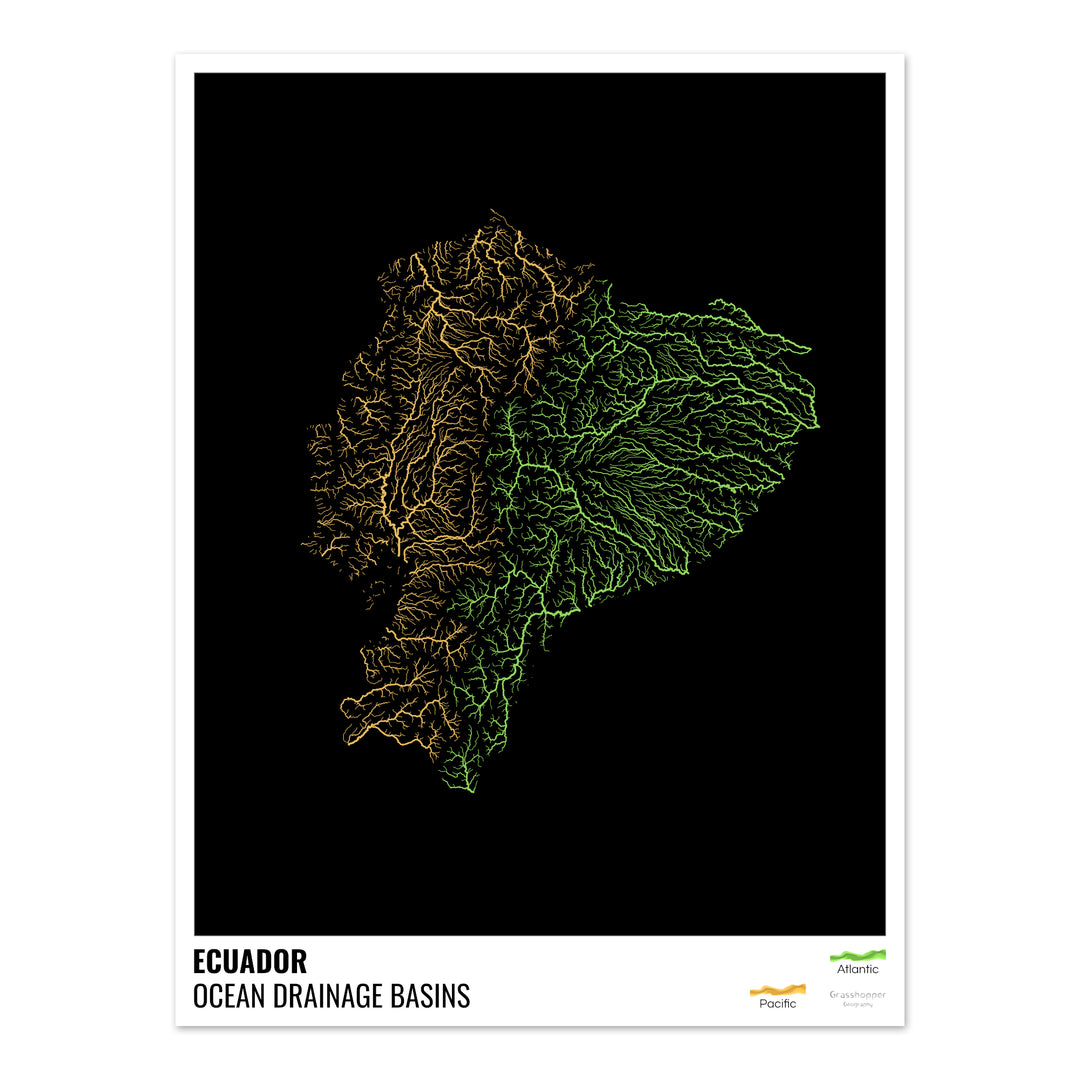 Équateur - Carte des bassins hydrographiques océaniques, noire avec légende v1 - Fine Art Print