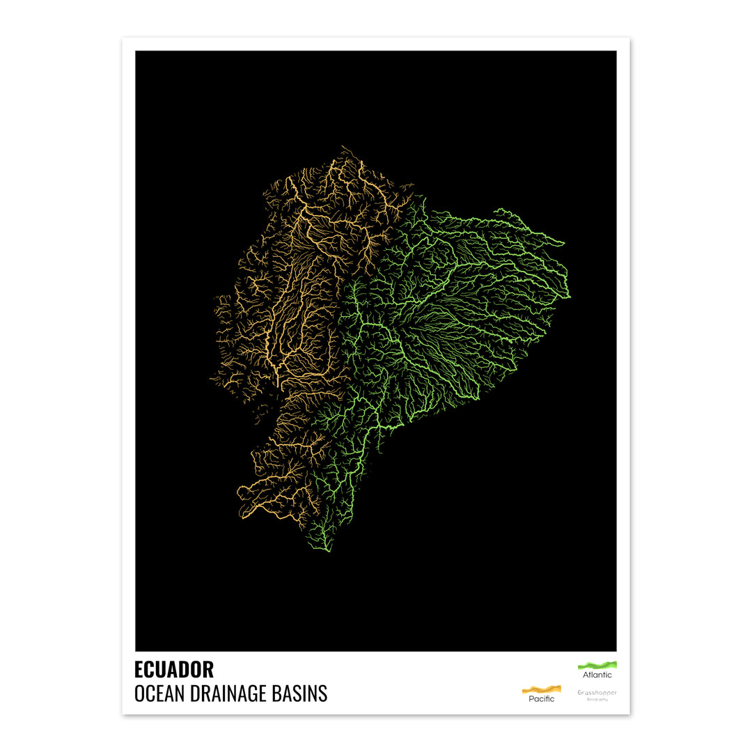 Ecuador - Mapa de la cuenca hidrográfica del océano, negro con leyenda v1 - Impresión de Bellas Artes