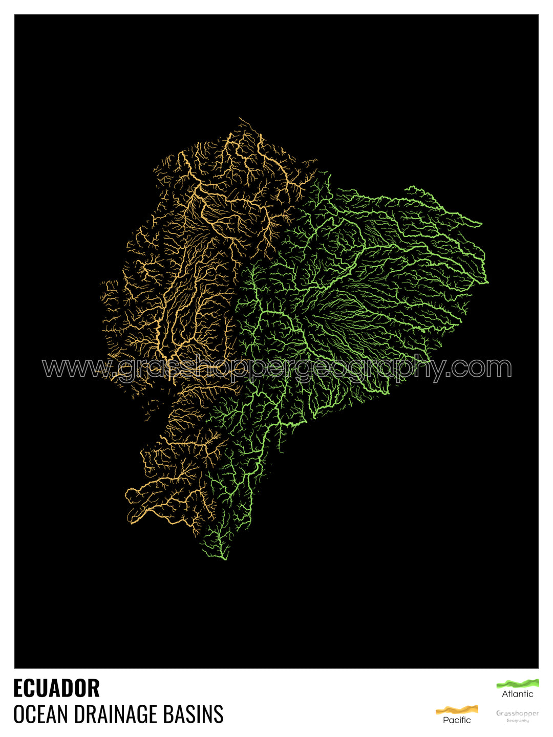 Équateur - Carte des bassins hydrographiques océaniques, noire avec légende v1 - Fine Art Print