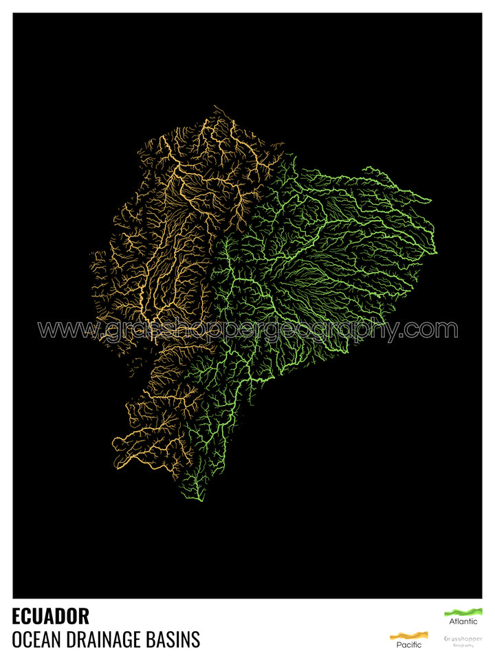 Ecuador - Mapa de la cuenca hidrográfica del océano, negro con leyenda v1 - Impresión de Bellas Artes