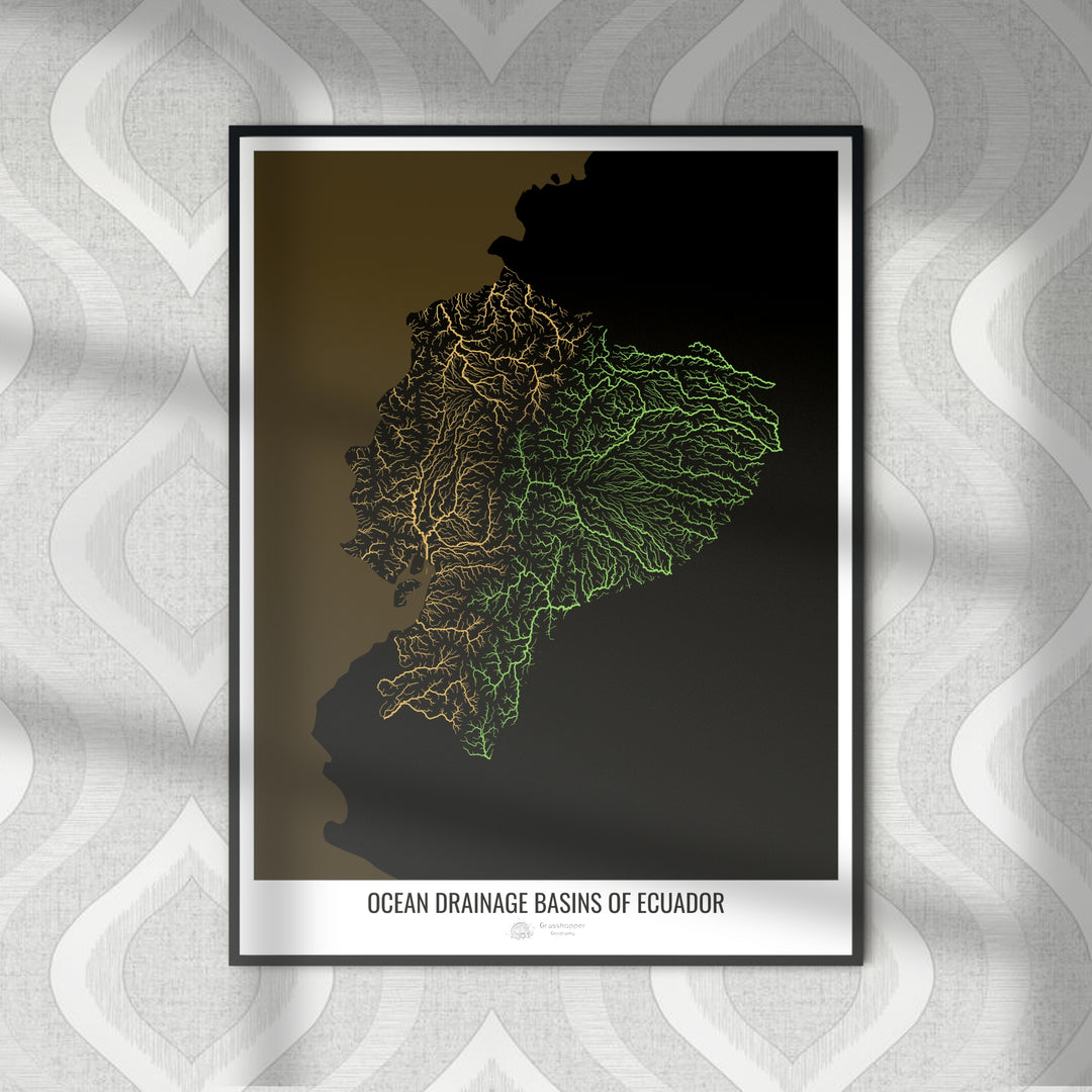 Équateur - Carte des bassins hydrographiques océaniques, noir v2 - Fine Art Print
