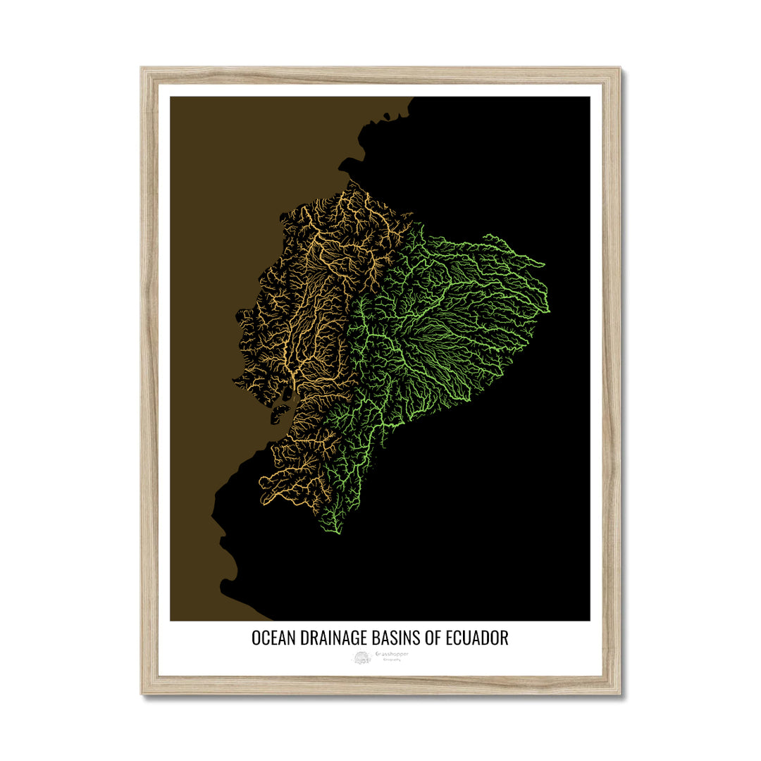 Équateur - Carte des bassins hydrographiques océaniques, noir v2 - Impression encadrée