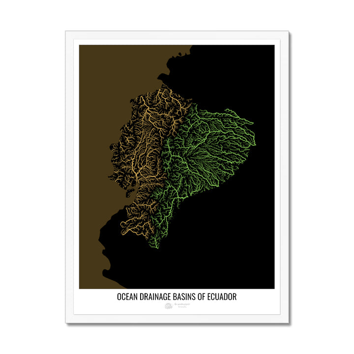Équateur - Carte des bassins hydrographiques océaniques, noir v2 - Impression encadrée