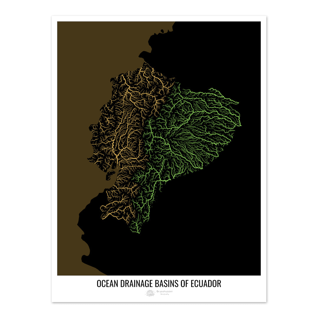 Équateur - Carte des bassins hydrographiques océaniques, noir v2 - Fine Art Print