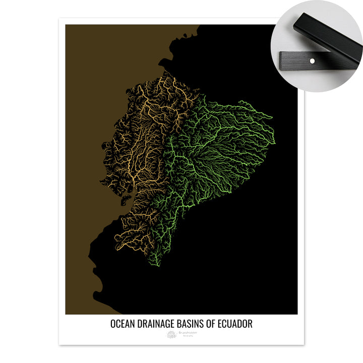 Équateur - Carte du bassin versant océanique, noir v2 - Tirage d'art avec cintre