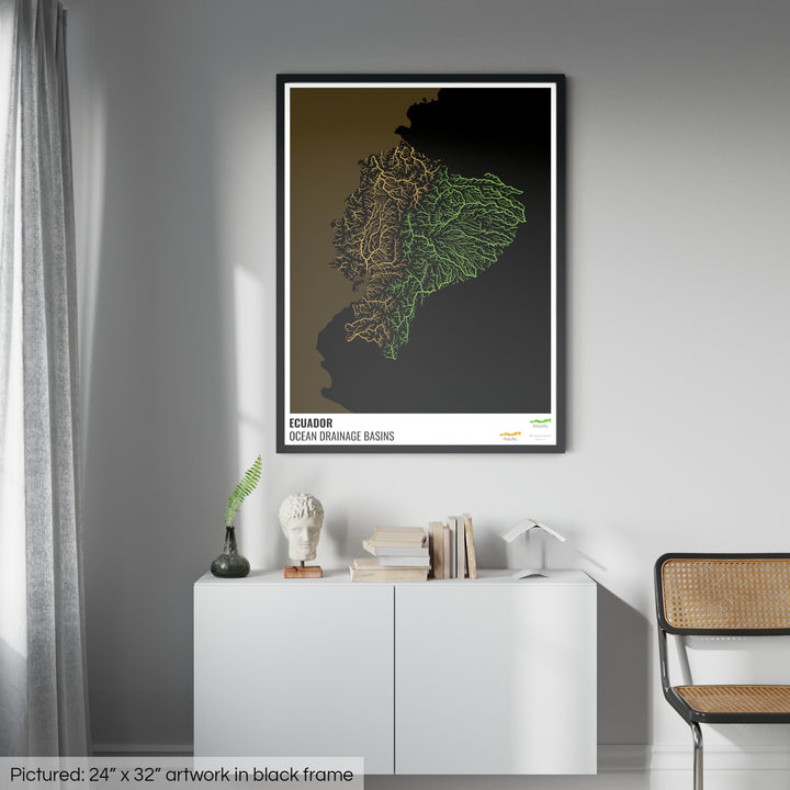 Ecuador - Ocean drainage basin map, black with legend v2 - Framed Print