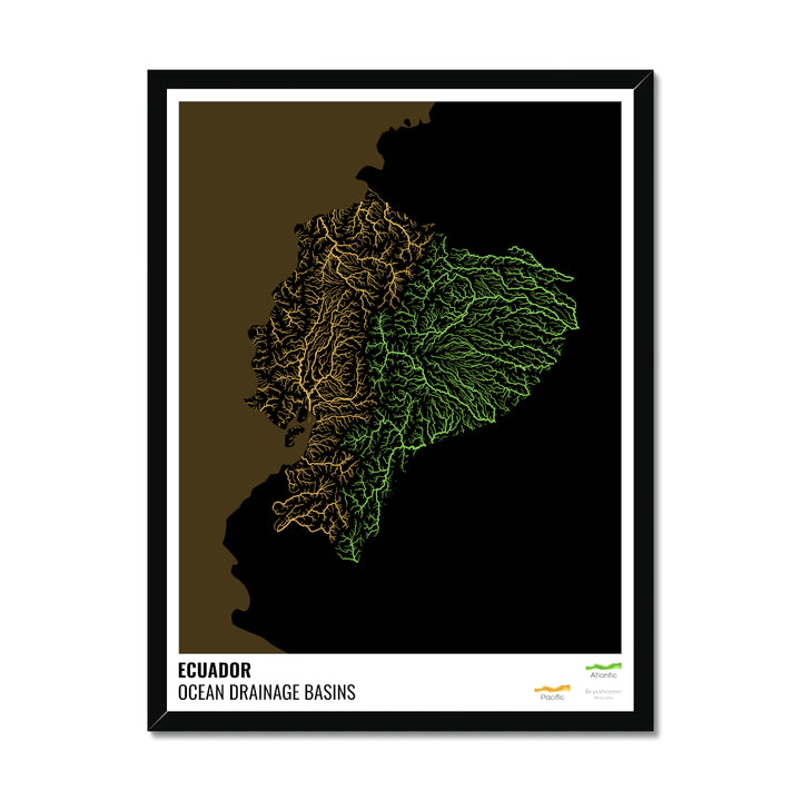 Ecuador - Ocean drainage basin map, black with legend v2 - Framed Print