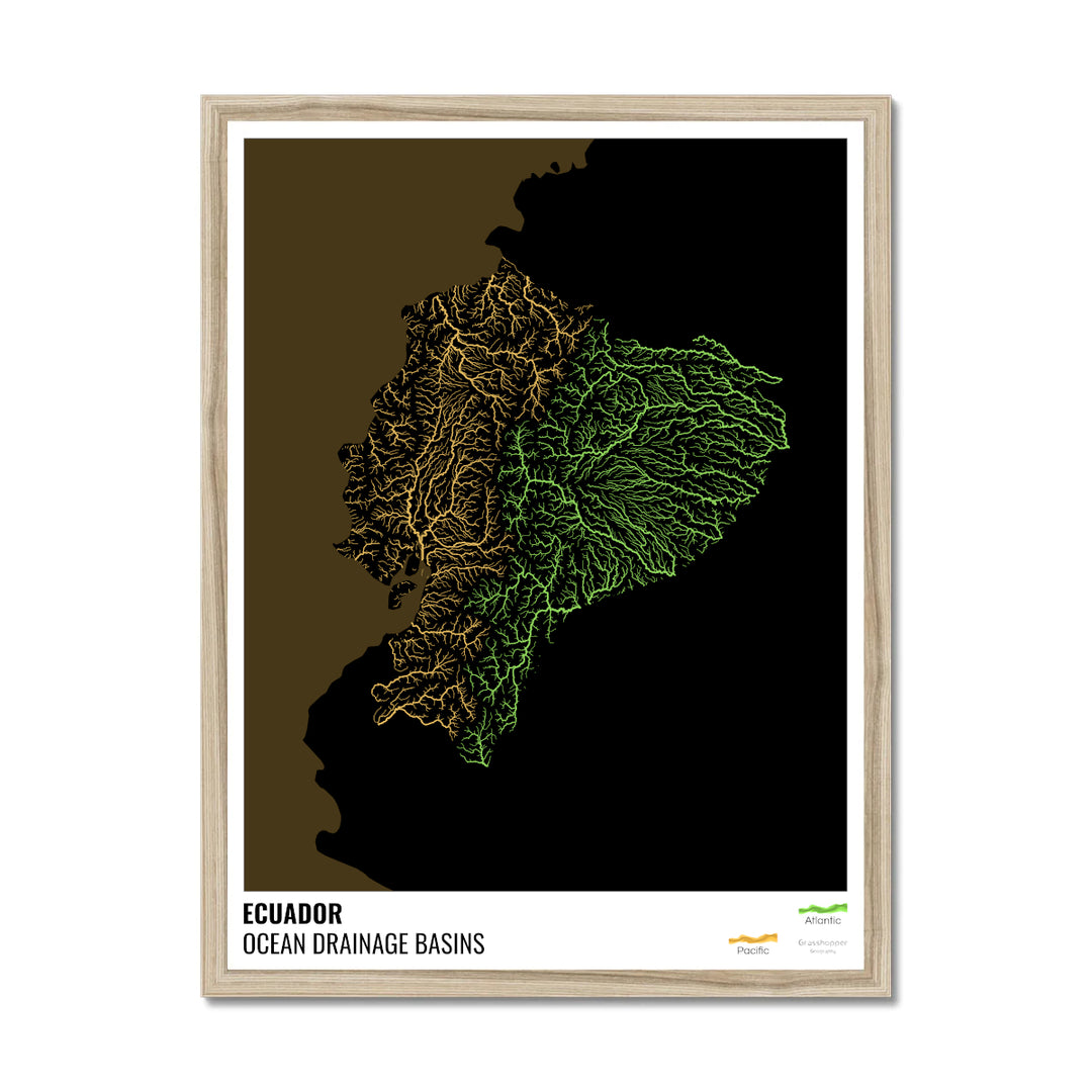 Ecuador - Ocean drainage basin map, black with legend v2 - Framed Print